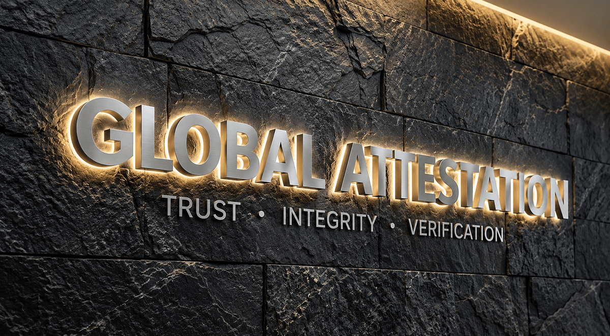 Global Certificate Attestation Service 3D Logo on premium slate wall